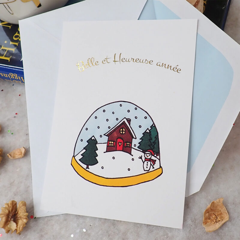 Carte boule à neige dorée petit format