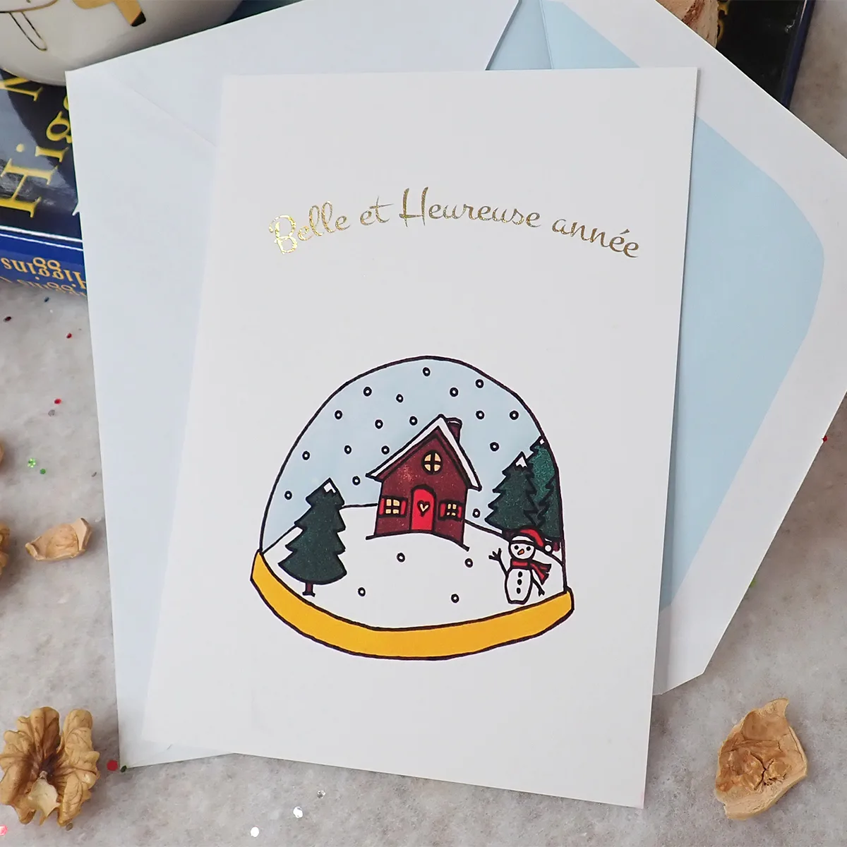 Carte boule à neige dorée petit format