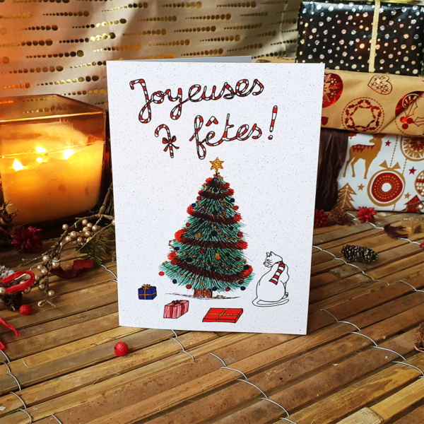 Carte de vœux Joyeuses fêtes chat auprès du sapin